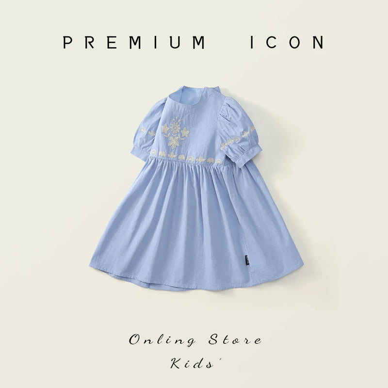 Pretty In Blue Embroidered Dress for Girls - Short-Sleeved Party Dress displayed elegantly to showcase its charming silhouette and puffed sleeves.