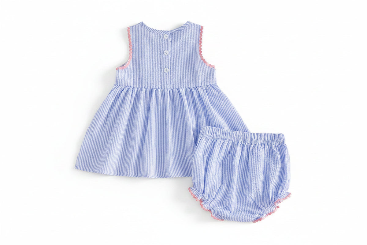 Little Bows seersucker dress with pink trim and matching bloomers in blue stripe for girls, back buttons.