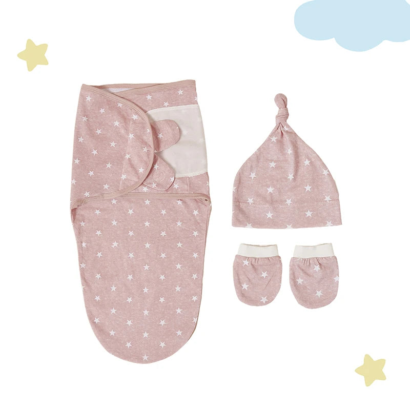 Cozy Baby Swaddle Set with Hat in soft pink color featuring star patterns, ideal for newborn comfort and warmth.