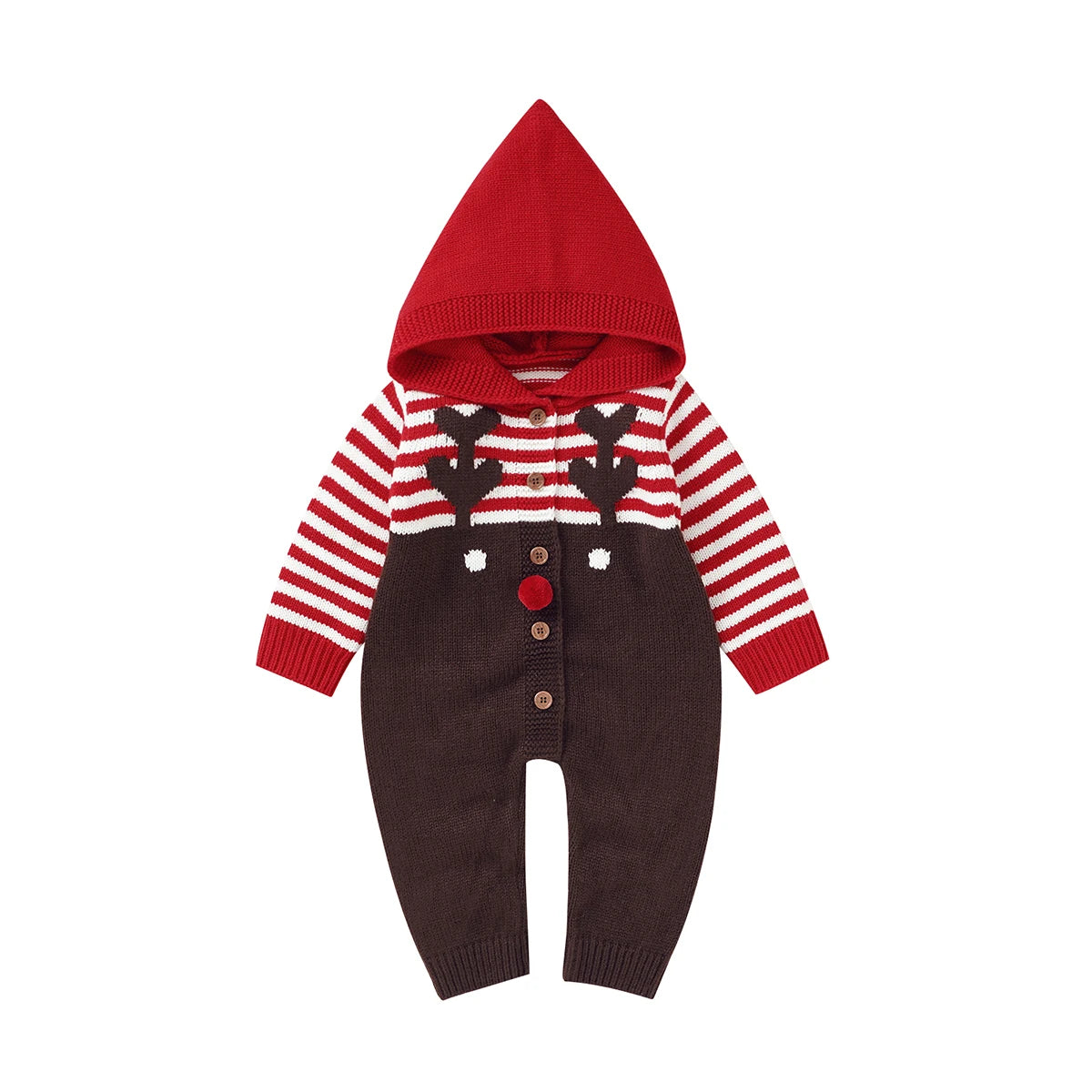 Charming winter knit romper for kids in festive colors, showcased with a cozy hood, from the 'Winter Sweeties' collection for family gatherings.