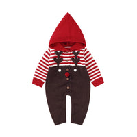 Charming winter knit romper for kids in festive colors, showcased with a cozy hood, from the 'Winter Sweeties' collection for family gatherings.