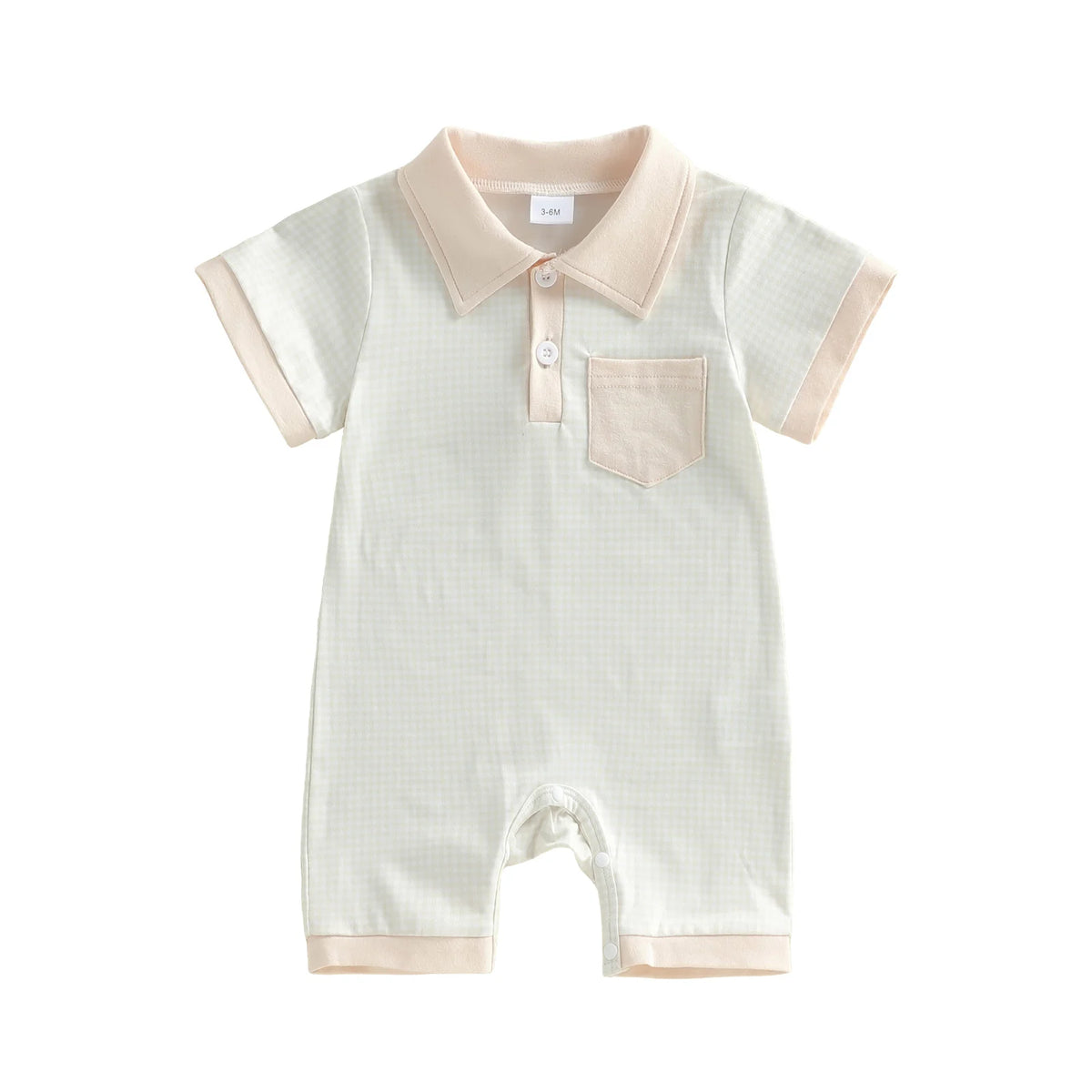 Colton Polo boys plaid knit romper with beige turn-down collar and pocket detail
