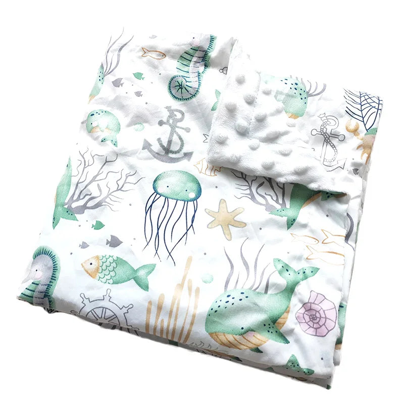 Dotted Minky blanket with underwater sea life prints in pastel colors, 100 x 75 cm.