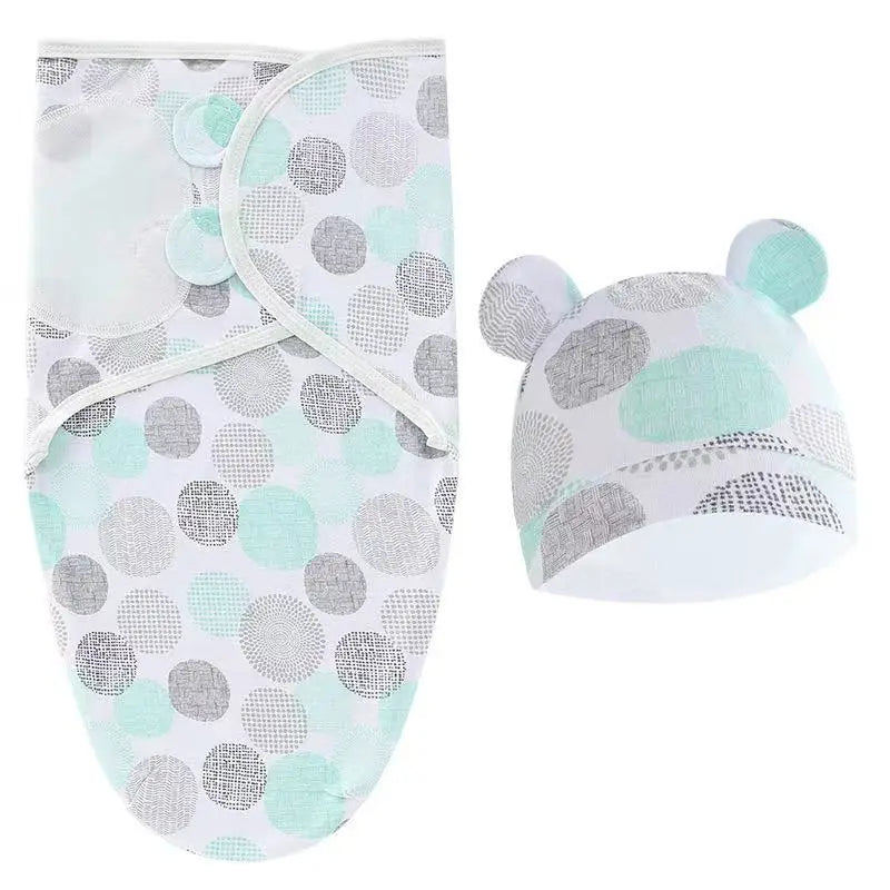 Soothing Baby Swaddle Set Cartoon for Newborns with a gentle green swaddle wrap and corresponding bear hat for stylish sleep.