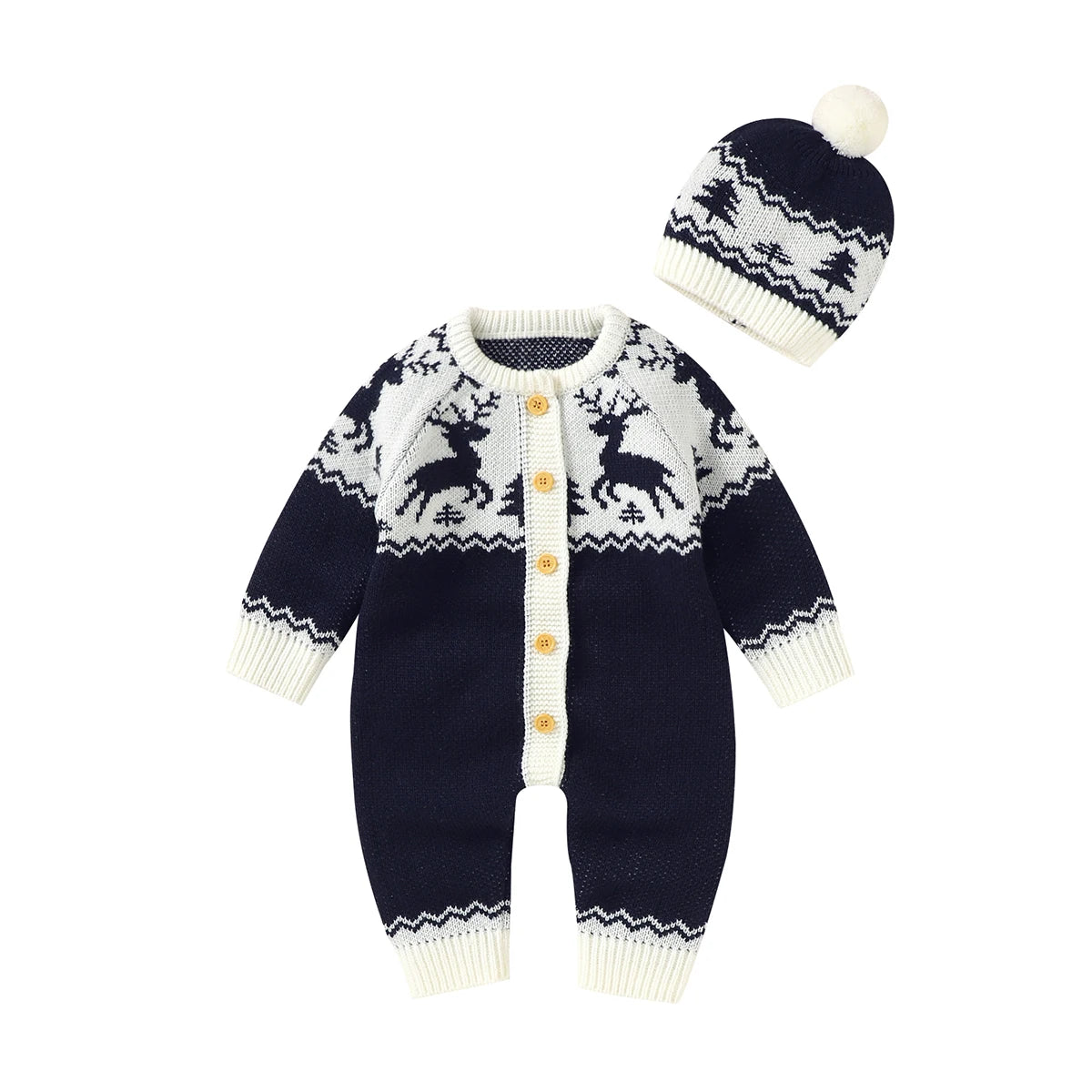 Sweet winter knit romper in festive patterns for kids, paired with a matching hat, part of the 'Winter Sweeties' collection, perfect for winter fun.