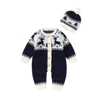 Sweet winter knit romper in festive patterns for kids, paired with a matching hat, part of the 'Winter Sweeties' collection, perfect for winter fun.