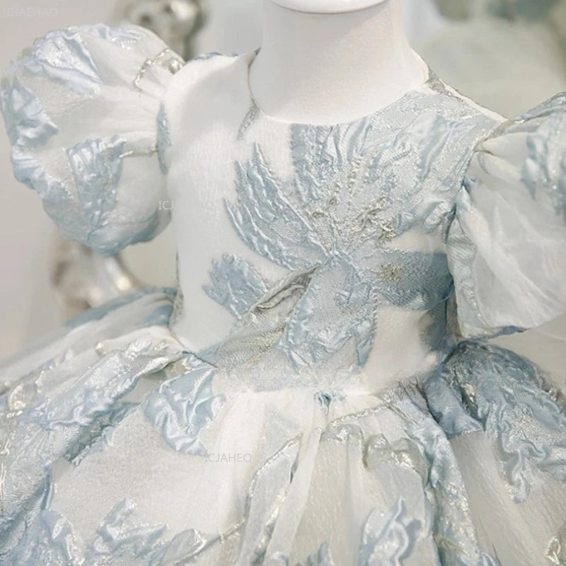 Claire Party Dress Brocade With Puff Sleeves For Girls - The Palm Beach Baby Estimated 12 - 20 Day Shipping