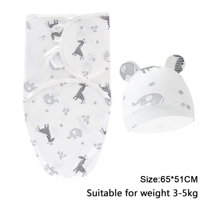 Soothing Baby Swaddle Set Cartoon for Newborns with a giraffe print swaddle wrap and matching bear hat, perfect for infant comfort.