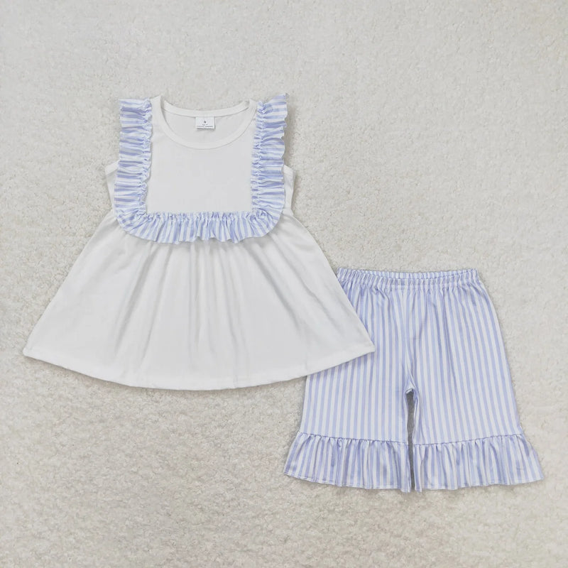 "Boho Cutie" Little Girl's Shorts 2 PC Set - Baby Blue Stripe
