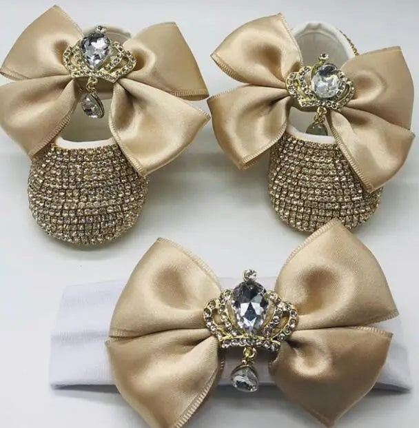 Elegant Baby Shoe and Headpiece Set - Crown Gold