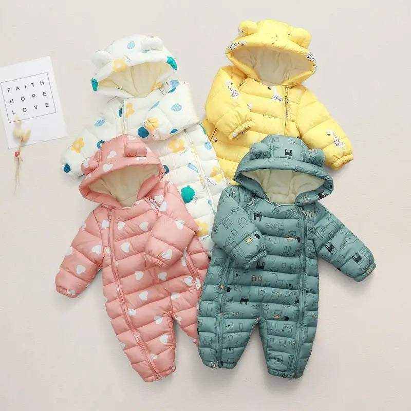 Colorful Cozy Warm Printed Toddler Baby Snowsuit featuring cheerful cartoons, ideal for winter fun.