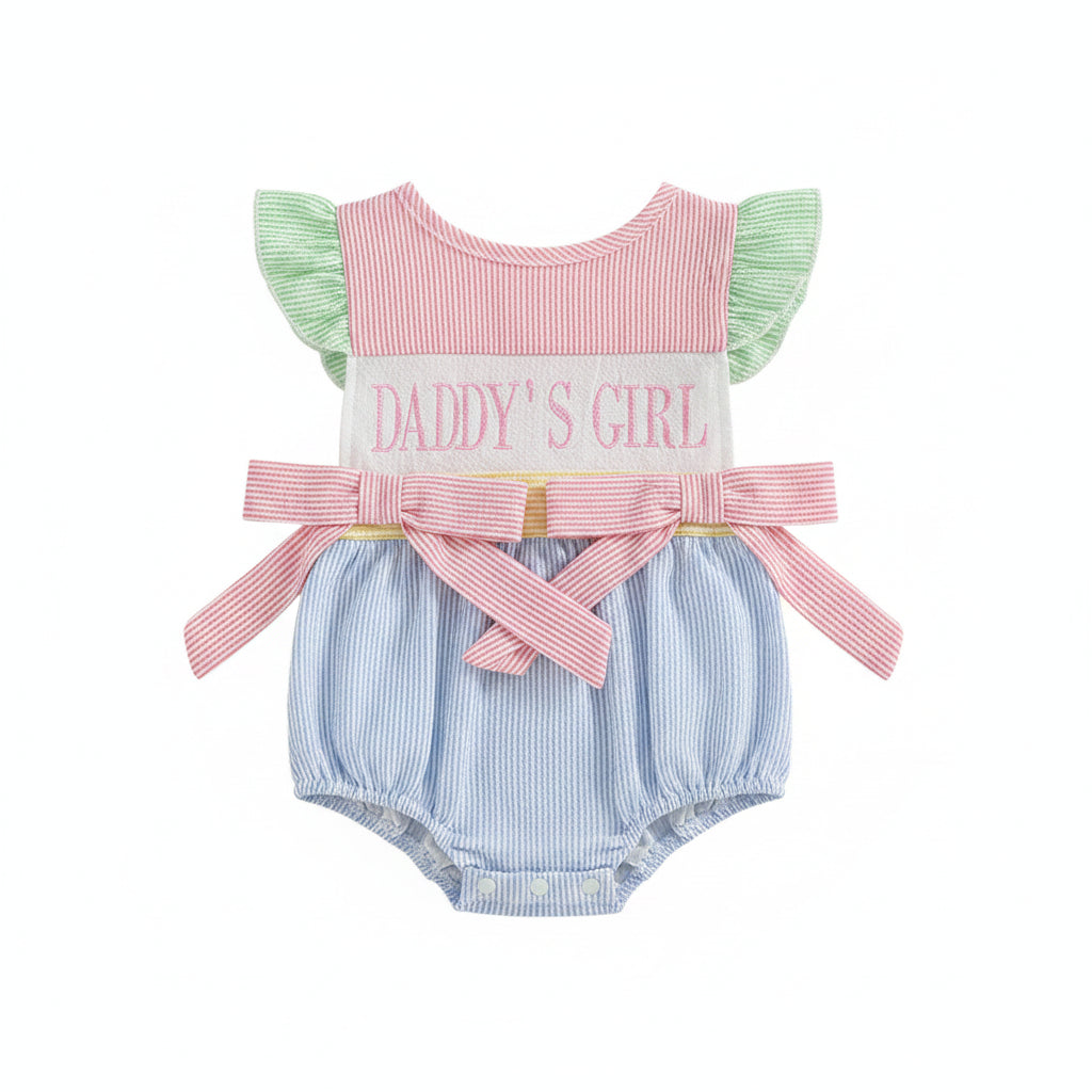 Embroidered Daddy's Girl striped seersucker bubble romper with pink bow belt and green flutter sleeves.