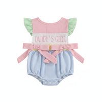 Embroidered Daddy's Girl striped seersucker bubble romper with pink bow belt and green flutter sleeves.