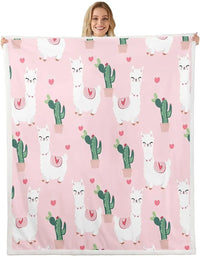 Jungle Rumble double-sided children's blanket featuring white llamas, cacti, and hearts on pink background.