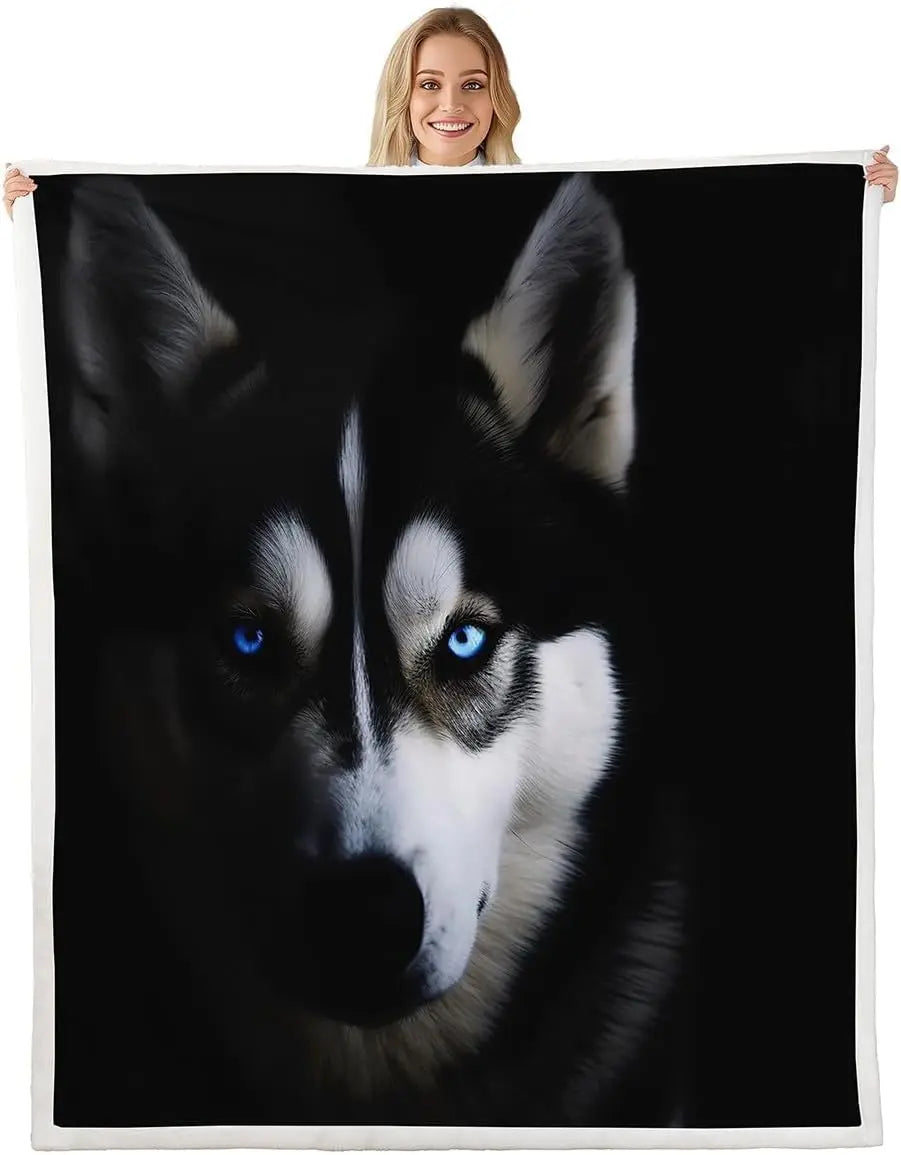 Jungle Rumble double-sided children's blanket with a close-up husky face and blue eyes.