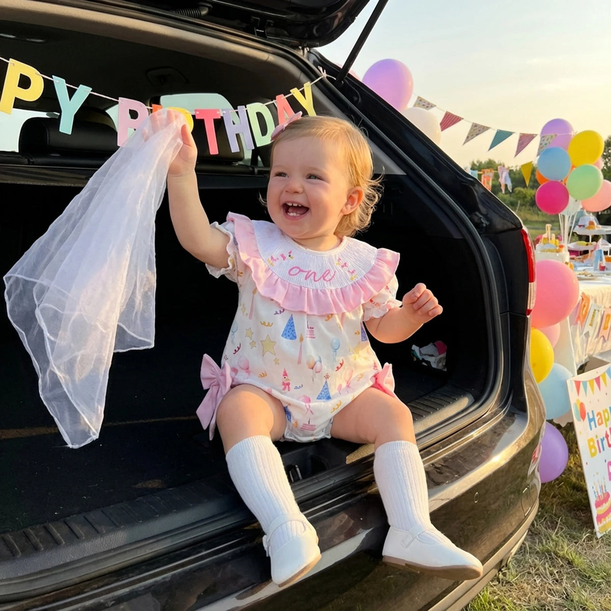 Birthday Frills Smocked Bubble Romper With Adorable Bows - The Palm Beach Baby Estimated 12 - 20 Day Shipping