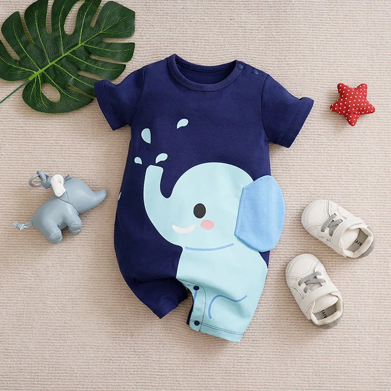 Adorable 'Elephant Baby' romper for boys 1-18 Months featuring a playful elephant graphic with 3-D ear, perfect baby romper for boys.