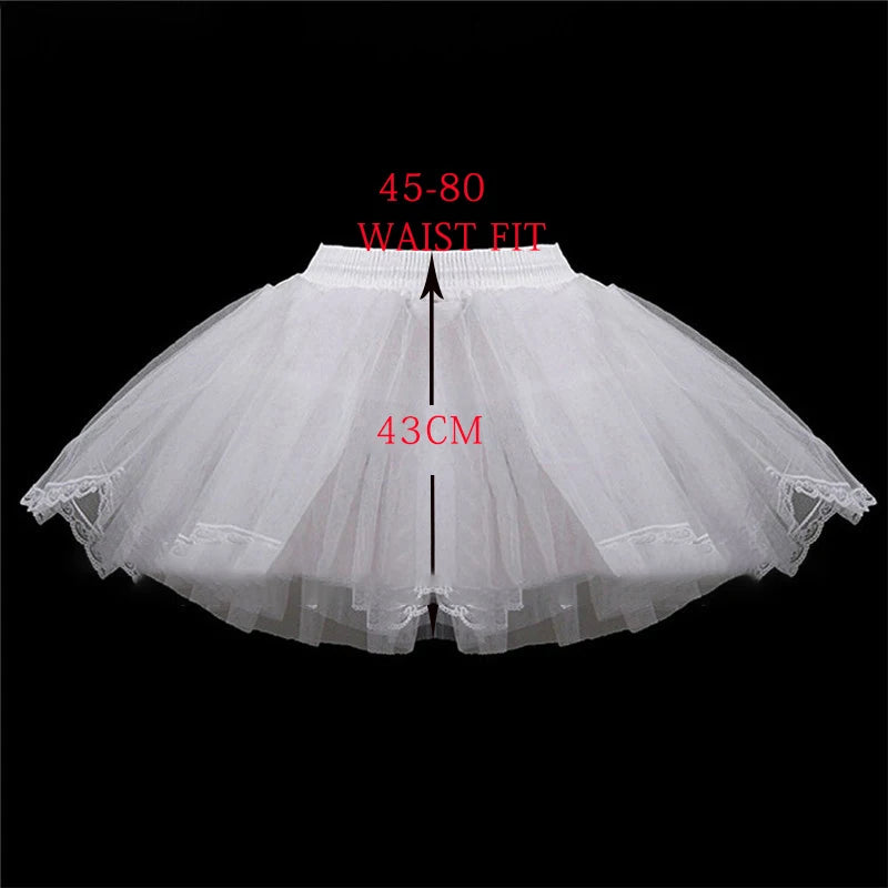 White children's petticoat crinoline underskirt with layered tulle and lace trim, waist 45–80 cm, six styles.