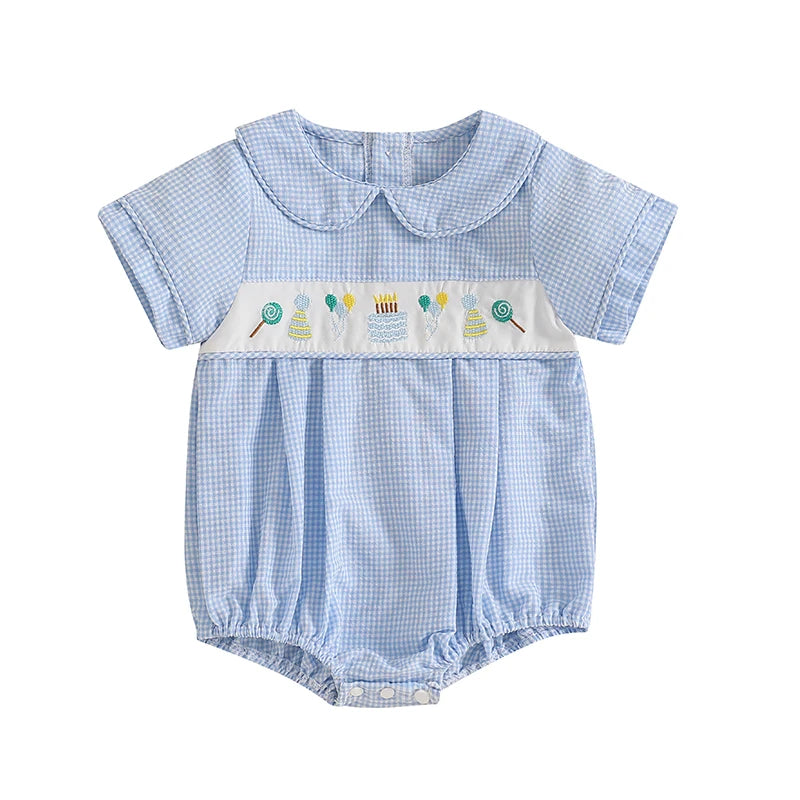 Close-up of the Adorable Cakes and Balloons Birthday Romper - Showcasing the soft Boca Blue classic checkered fabric and refined embroidery details for a stylish birthday romper.