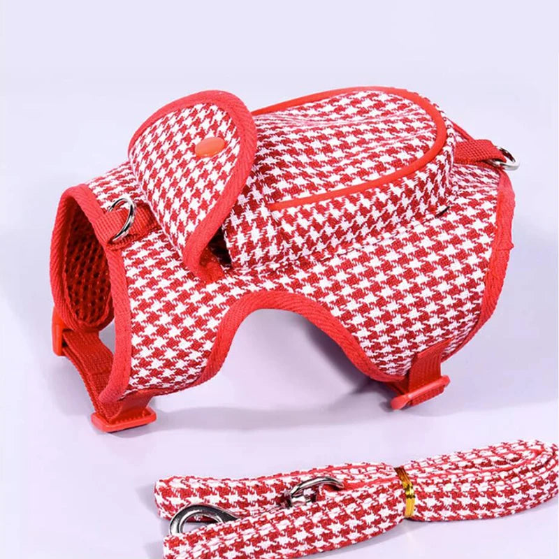 Pet Houndstooth Harness With Snack Pocket + Leash Set