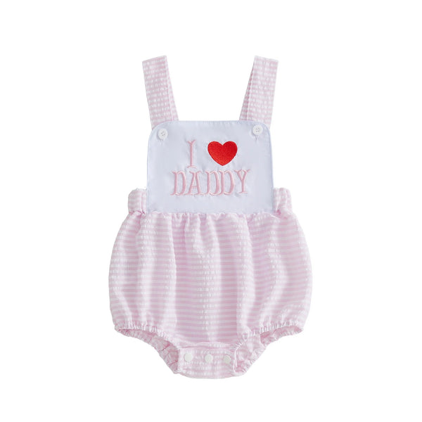 I Love Daddy bubble romper in pink and white with gingham straps and embroidered I ♥ DADDY on front.