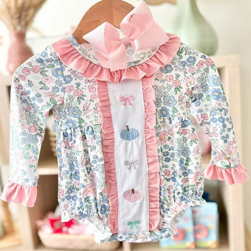 Precious Pumpkins and Flowers Pink Ruffled Romper