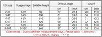 Size chart for the 'Spring Fleurs' Little Girls A-Line Dress, displaying US sizes, suggested ages, suitable heights, dress lengths, and bust measurements.