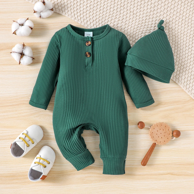 Carlin Trendy Soft Ribbed Romper & Matching Beanie Set in deep green, suitable for both boys and girls, with durable, easy-care fabric.