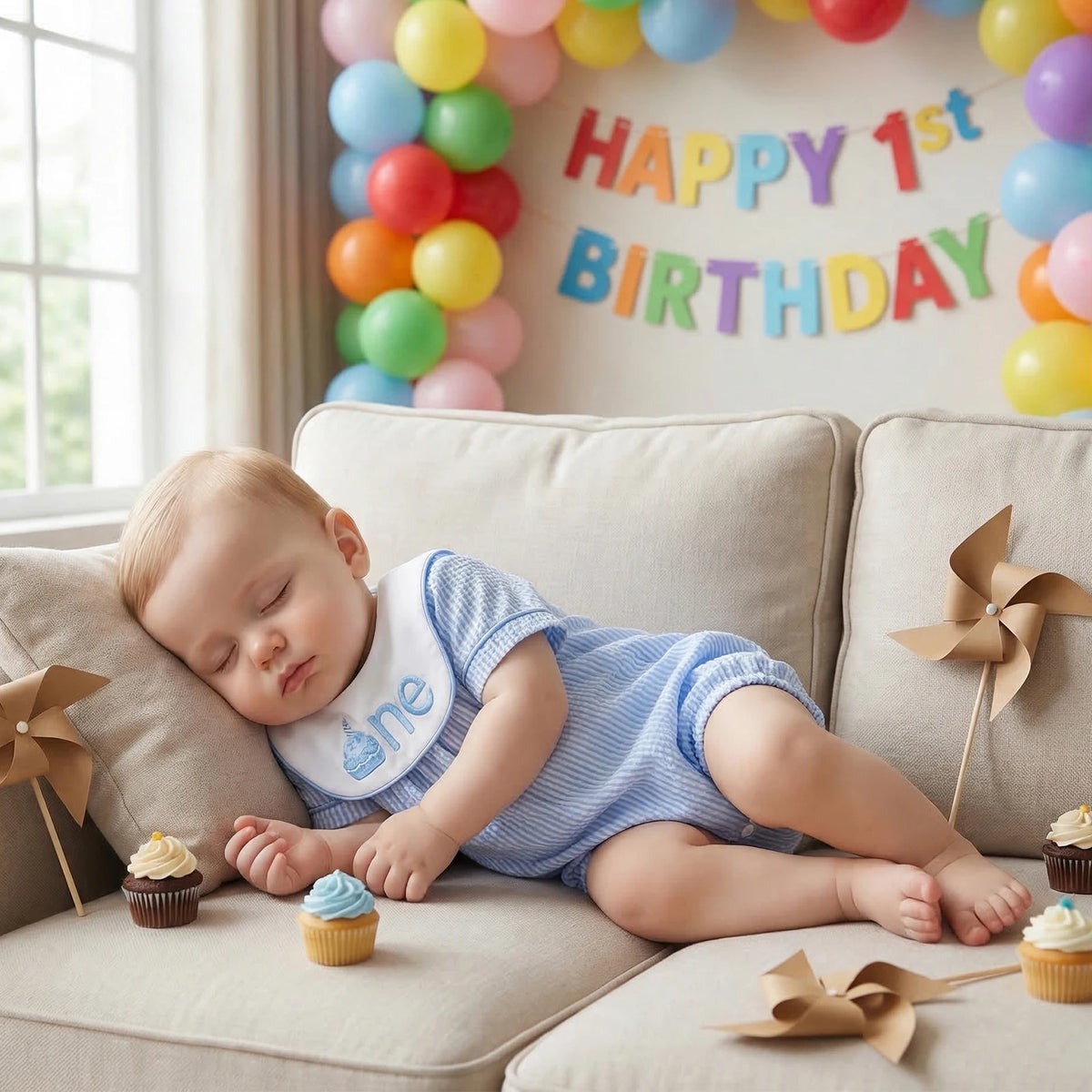 Baby in a blue outfit lying on a couch with 'Happy 1st Birthday' decorations and balloons.