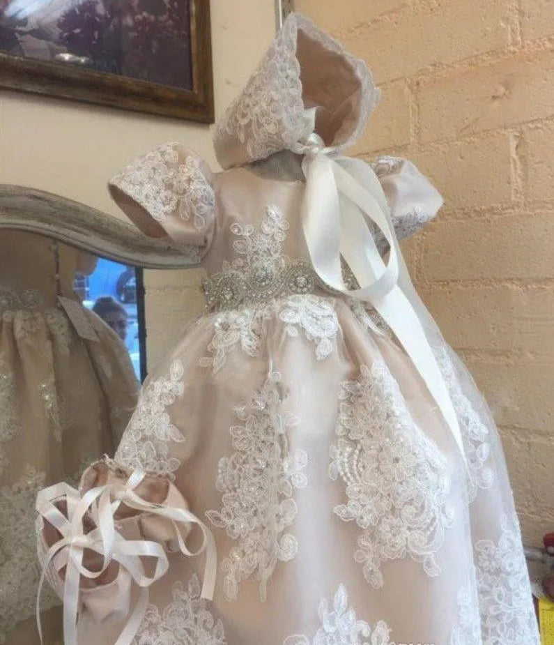 "Pricilla" Heirloom Lace Baptism Gown And Bonnet