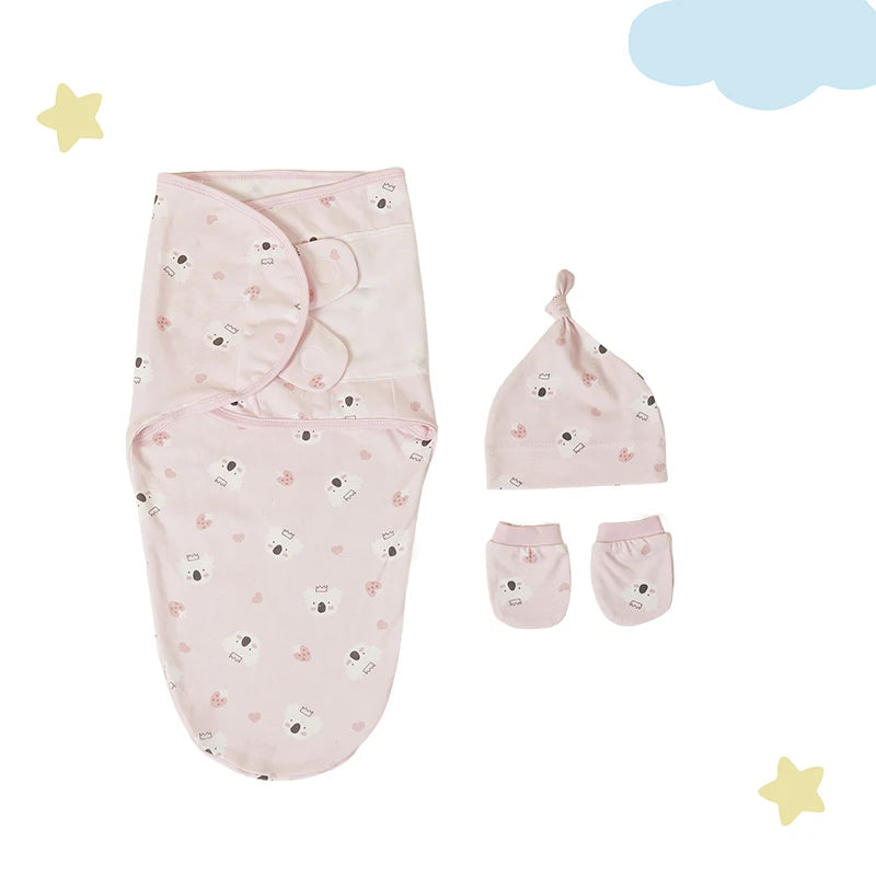 Sweet Cozy Baby Swaddle in light pink with panda prints and matching hat, perfect for snug, peaceful sleeping.