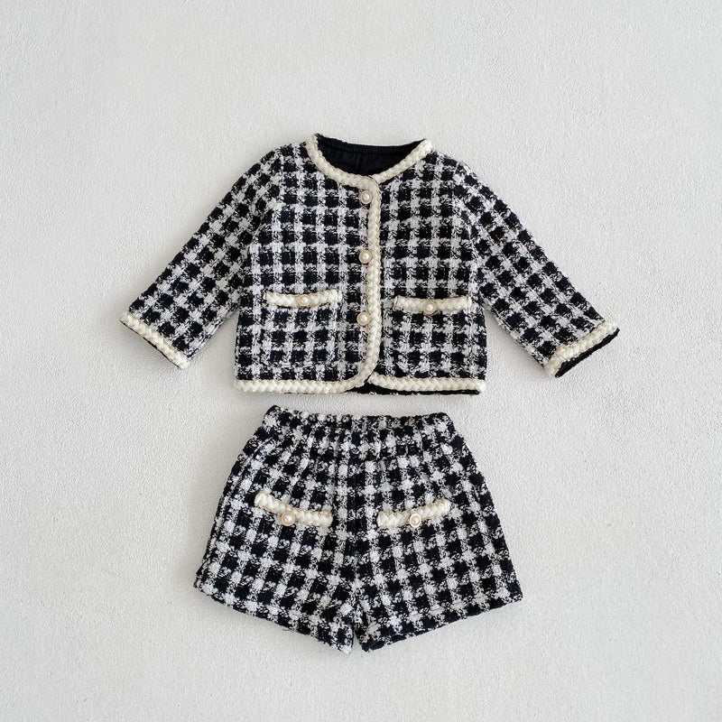 Chic Two-Piece Tweed Shorts and Coat Set - Black and White
