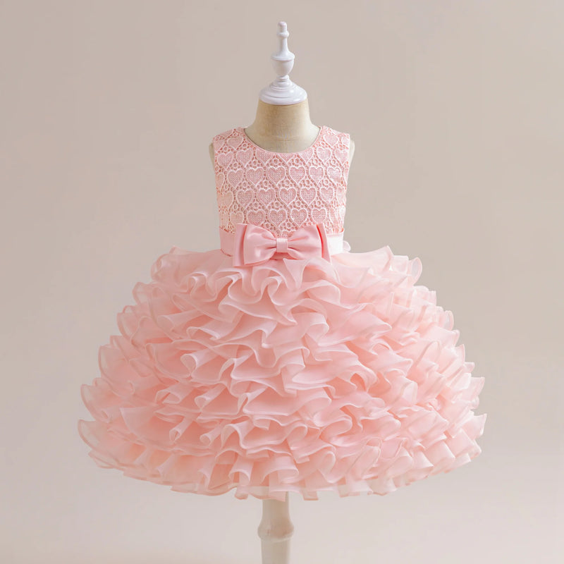 Pink 'Evengaline' Tulle Tiered Dress for Girls featuring a lace bodice and ruffled skirt, perfect for special occasions.