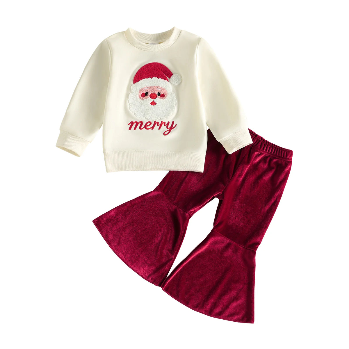 Cream Santa graphic pullover and red velvet bell bottom pants cozy 2-piece set for toddler girls holiday wear.