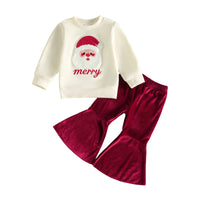 Cream Santa graphic pullover and red velvet bell bottom pants cozy 2-piece set for toddler girls holiday wear.
