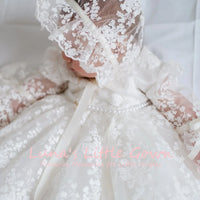Baby in Melody Marie Elegant Lace Special Occasion Long Gown with bow, skirt, beaded waist; bonnet sold separately.