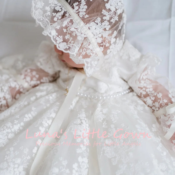 Baby in Melody Marie Elegant Lace Special Occasion Long Gown with bow, skirt, beaded waist; bonnet sold separately.