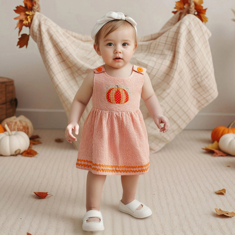"Seersucker Pumpkin" Embroidered Sleeveless Dress