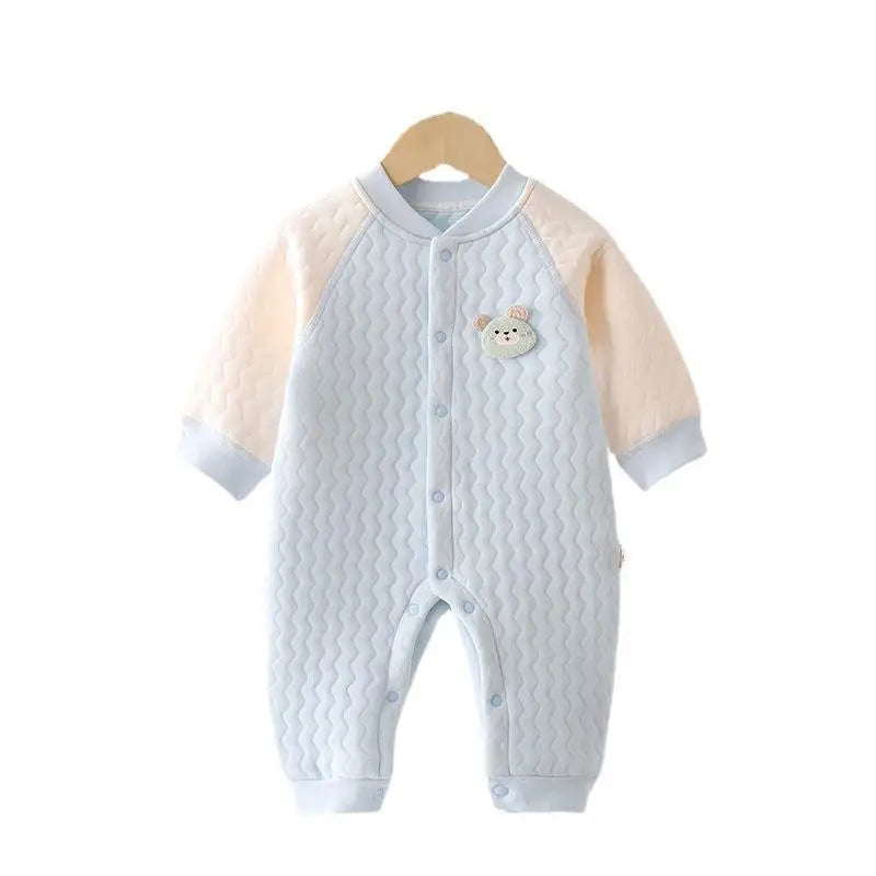 Cozy Warm Baby Quilted Romper displayed in blue, emphasizing its soft cotton fabric and charming features.