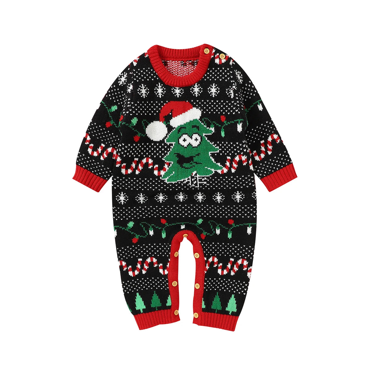 A navy blue winter knit romper with snowflake patterns, paired with a matching hat, from the 'Winter Sweeties' collection, perfect for chilly weather.