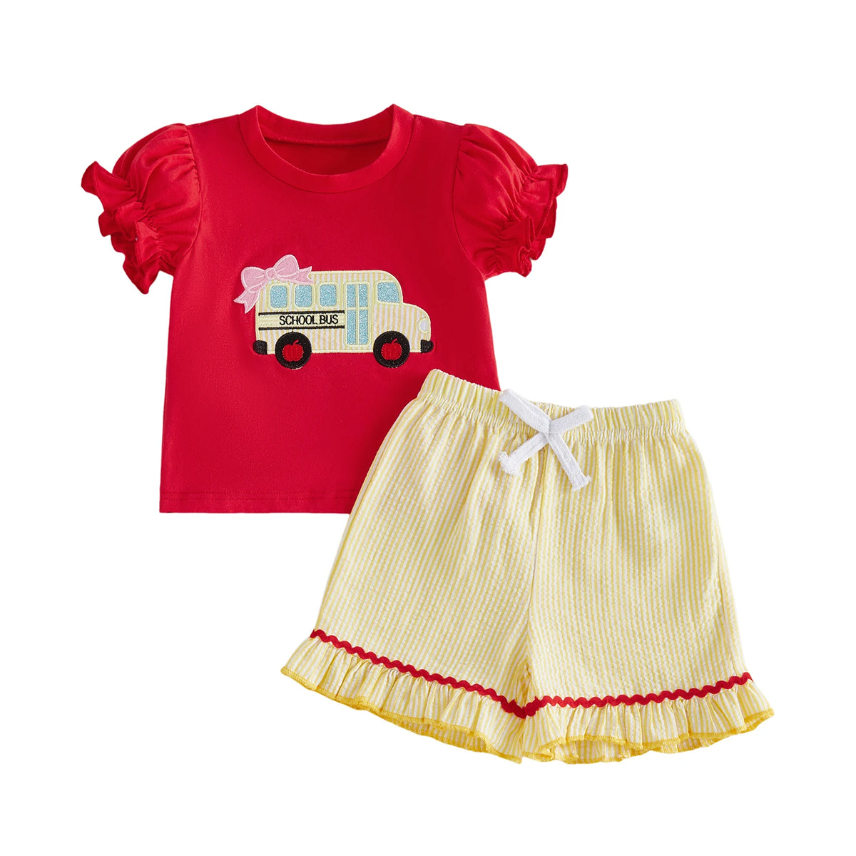 Red puff-sleeve top with school bus embroidery paired with yellow striped seersucker shorts with ruffled trim.