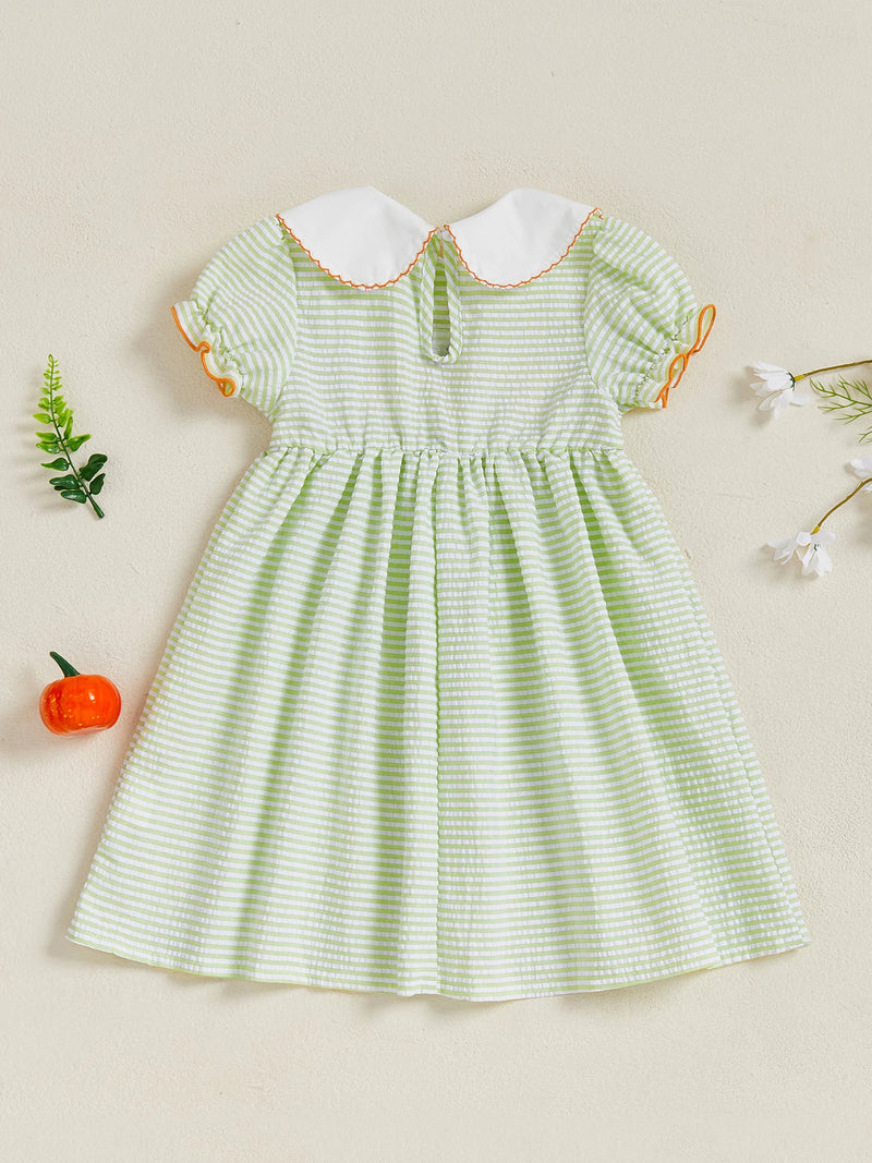 Pumpkins & Puff Sleeves Green Stripe Dress