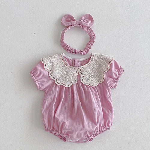 Vintage Outfits for young children, including a pink romper with lace collar details and a matching headband.
