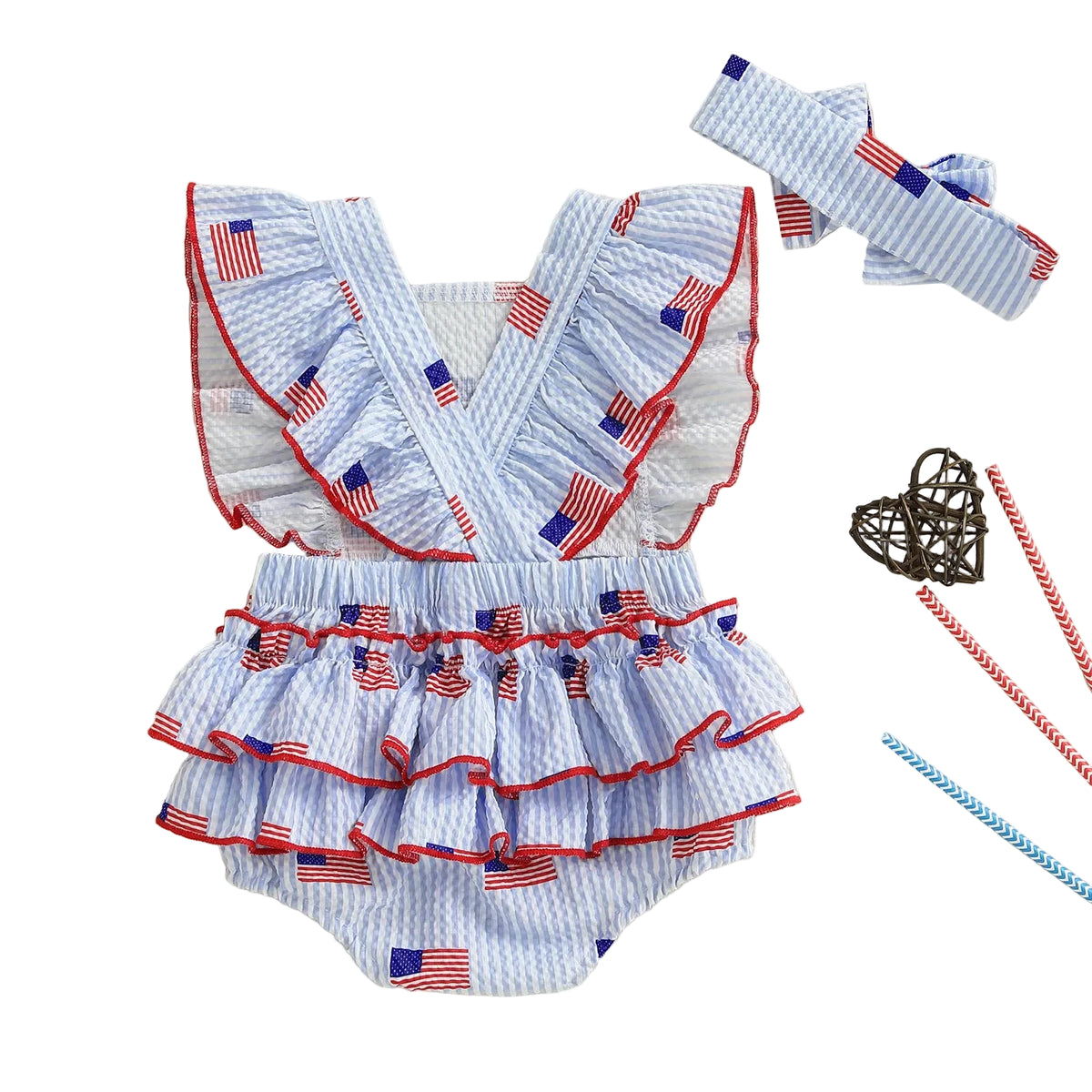 Independence Day Seersucker Splash Flag Print Baby Outfit - The Palm Beach Baby Estimated 12 - 19 Day Shipping