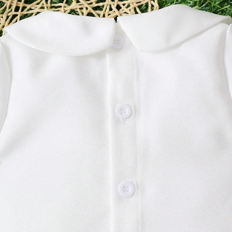 White boys baptism outfit top with Peter Pan collar and front buttons. Combed cotton formal set for spring or summer events.