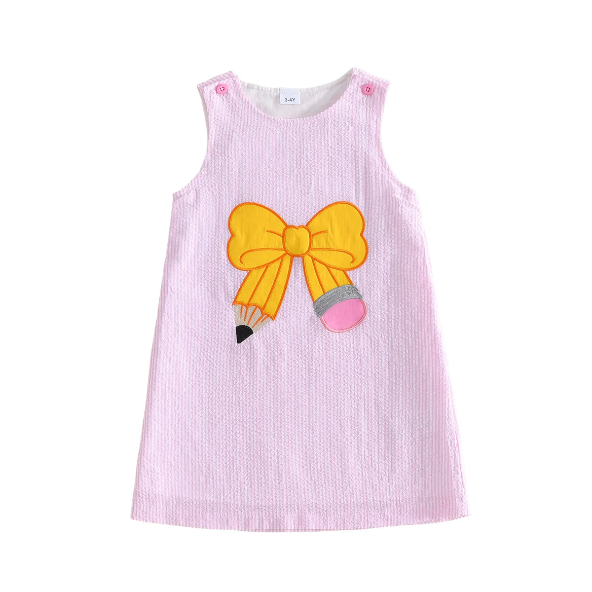 Pink seersucker sleeveless dress for girls with large yellow bow applique and pencil embroidery, back-to-school.