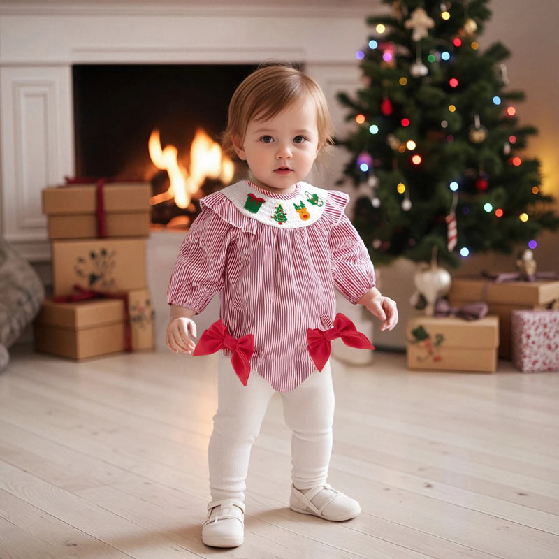 Bows and Stripes Smocked Christmas Bubble - 2 Holiday Colors