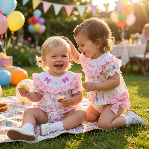 Birthday Frills Smocked Bubble Romper With Adorable Bows - The Palm Beach Baby Estimated 12 - 20 Day Shipping