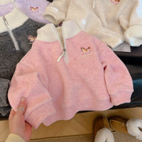 Soft pink kids fleece pullover with embroidered horse zipper detail and white sherpa collar, ideal for autumn and winter wear.