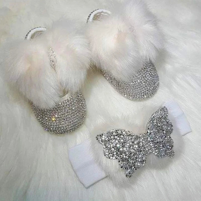 Luxurious Bling Shoes and Headpiece Set - Fluffy White